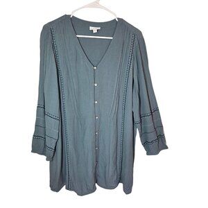 J Jill Green Gray Button Up 3/4 Sleeve Embroidered Peasant Tunic Top L‎